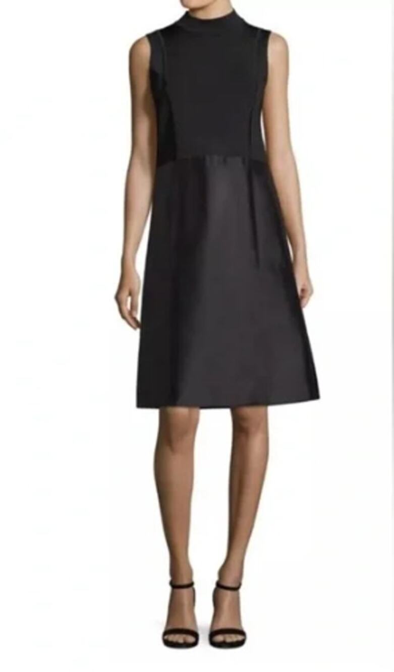 Lafayette 148 Indra Black Sleeveless Mock Neck Tank Flared A Line Midi Dress S